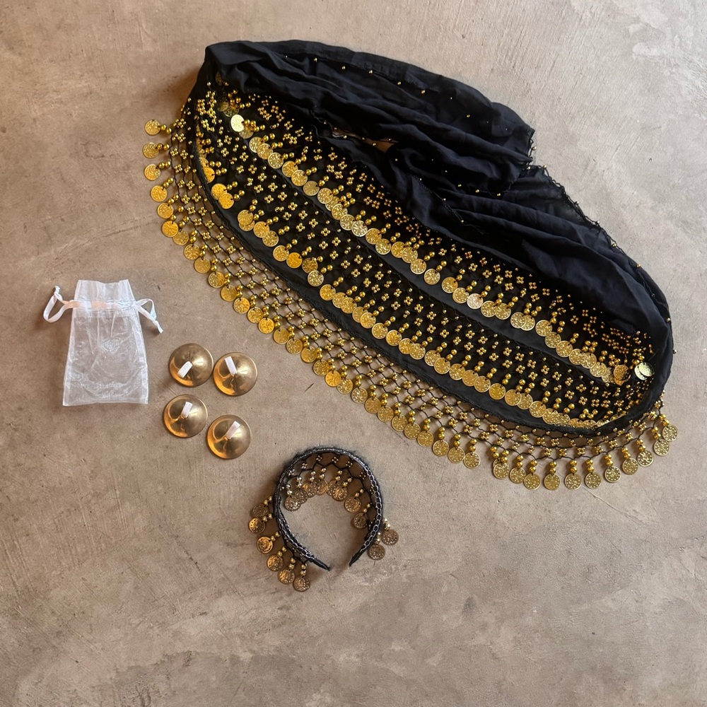 Black & Gold Belly Dance Hip Scarf, Finger cymbals, headband Set Bundle